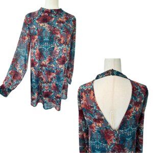 ASTR Blue Grey Burgundy Floral Back Cutout Shift Dress Size M